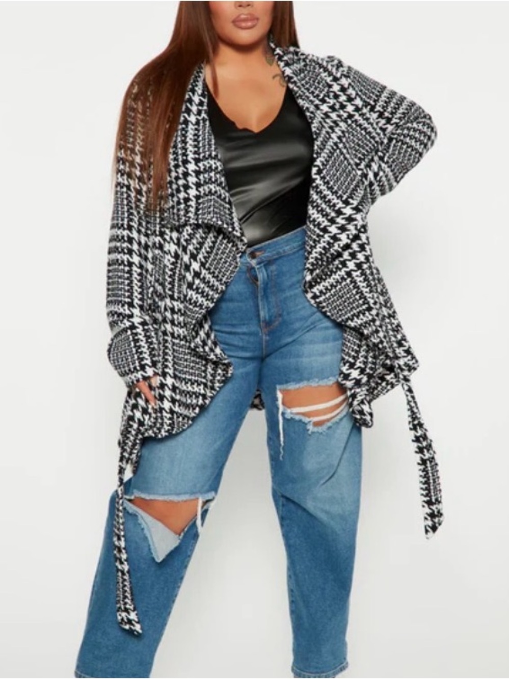 NWT New Fashion Nova Under Wraps Houndstooth Coat Cardigan Waterfall 1X [RO]